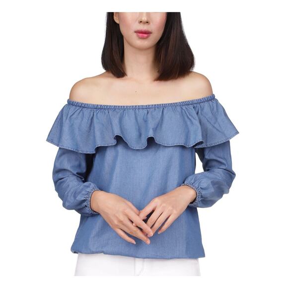 Michael Kors Women Denim Blue Cotton/Rayon Off-The-Shoulder Peasant Top Size XS - Picture 1 of 3